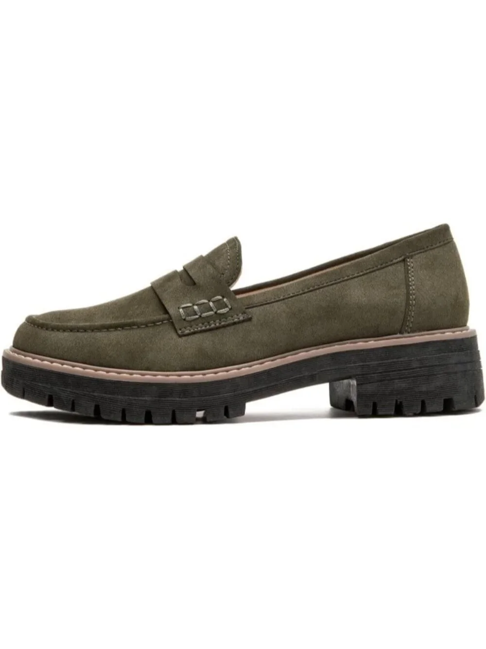 Womens Olive Suede Lug Sole Slip On Business Chunky Platform Penny Loafers Shoes